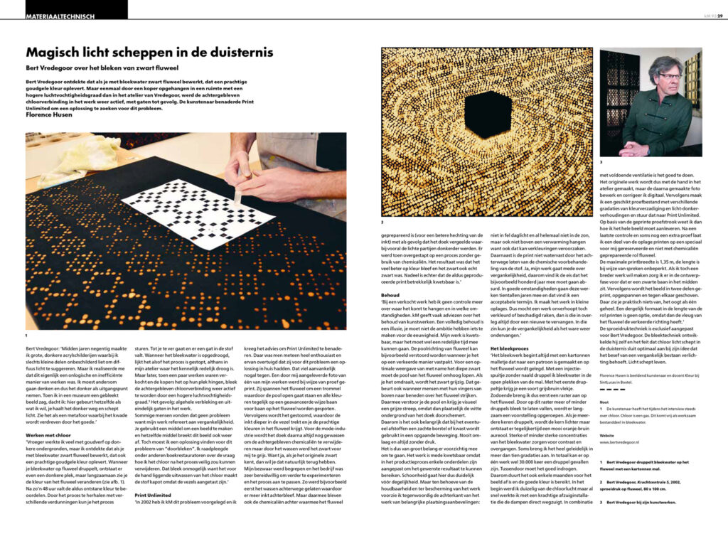 Interview met kunstenaar Bert Vredegoor in tijdschrift KM over het bleken van zwart fluweel.