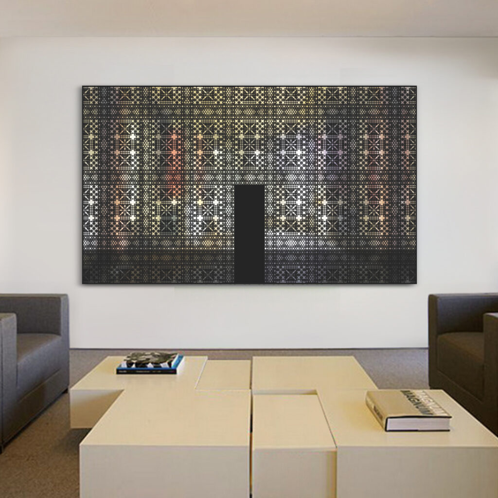 Spiegelfoliewerk Reflective Terminal XL van kunstenaar Bert Vredegoor in woonkamer