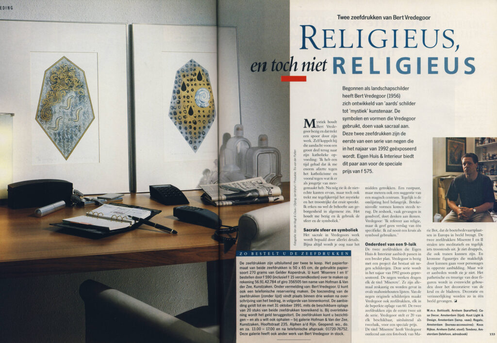 Artikel over kunstenaar Bert Vredegoor in tijdschrift Eigen Huis & Interieur