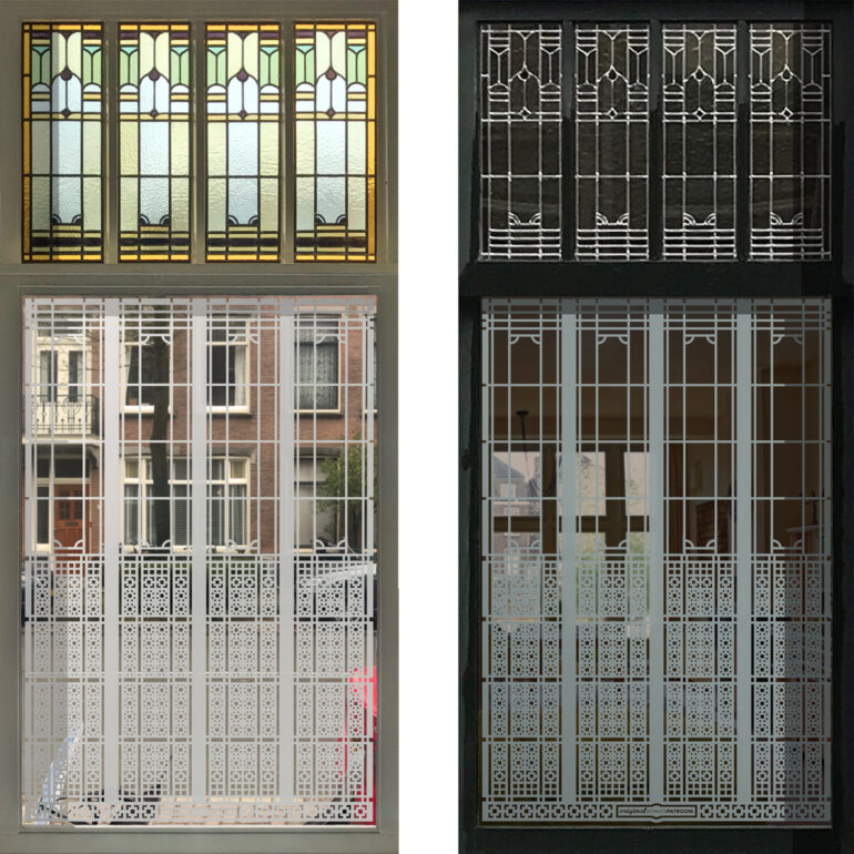 raamfolie ontwerp voor woonkamer in herenhuis met binnen- en buitenaanzicht